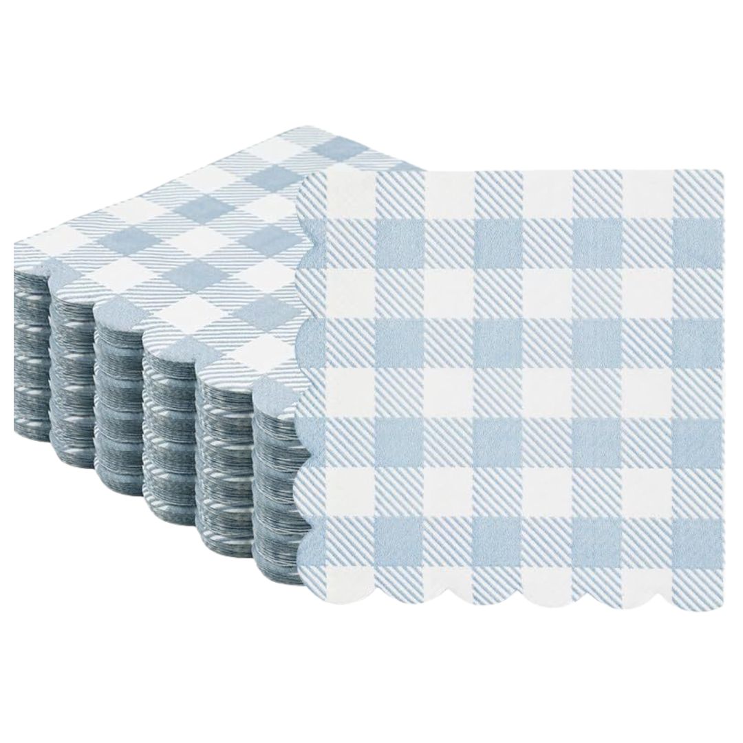 Scalloped Checkered Napkins, Light Blue (pack of 20)