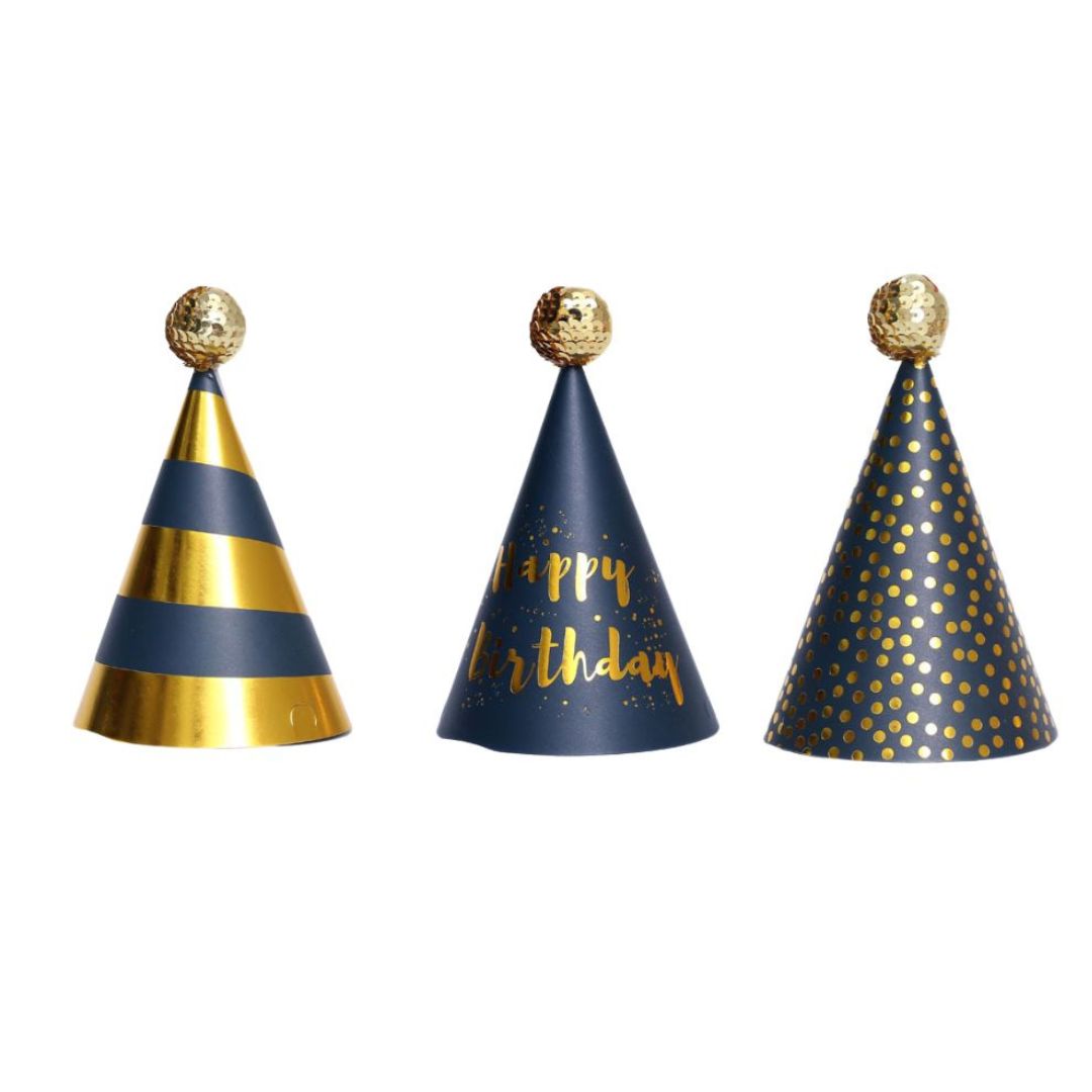 Party Hat Assorted, Blue & Gold (set of 3)