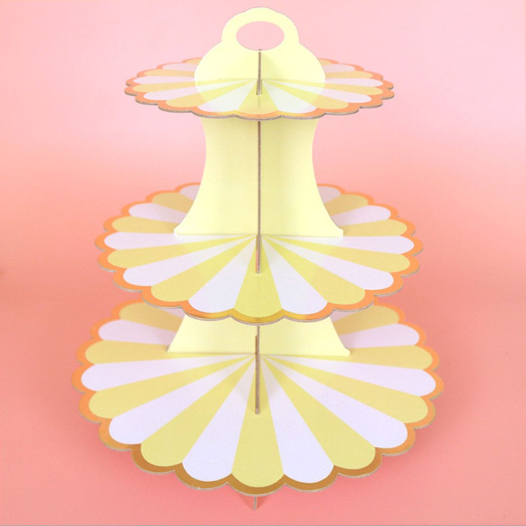 3 Tier Paper Cupcake Stand, White and Yellow Striped